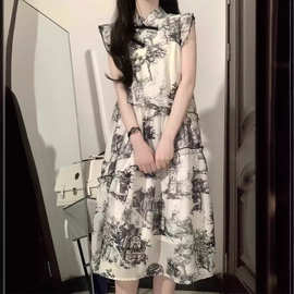 新中式国风水墨画连衣裙女装夏季新款小个子法式小飞袖裙子女