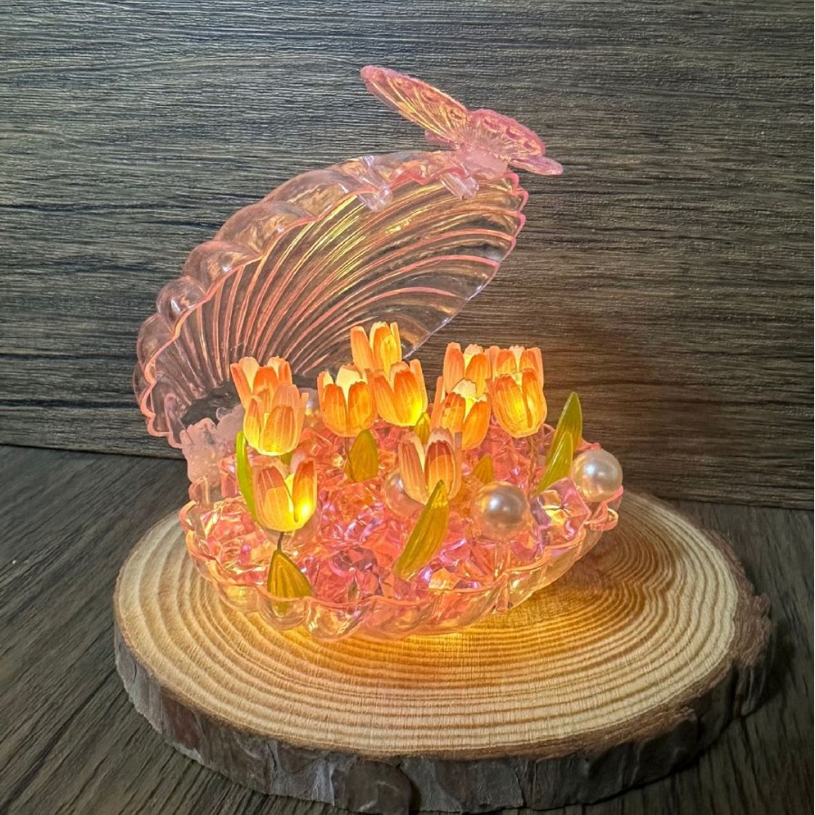 Luz de noche de flor de concha transparente, bricolaje hecho a mano, mesita de noche, luz ambiental, decoración luminosa para novia