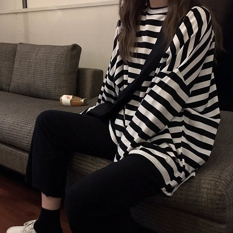 캐주얼 흑백 스트라이프 이너웨어 여성용 긴팔 티셔츠 2025 신상 루즈핏 빅사이즈 베이스 레이어 여성 가을 상의