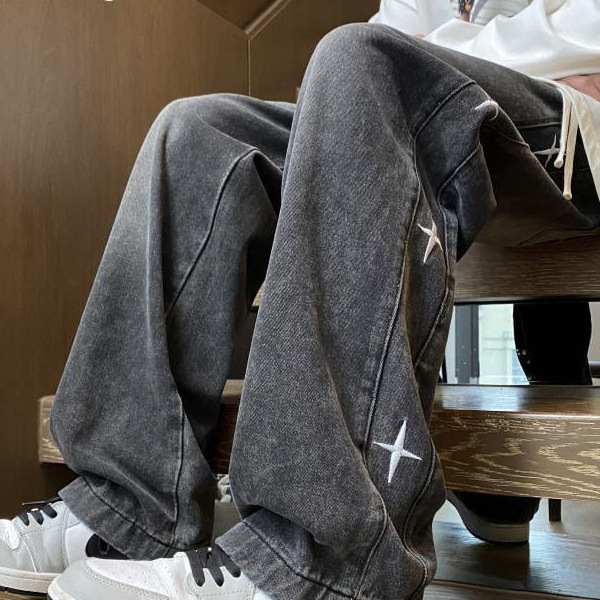 American-style High Street hiphop Star Embroidered Jeans Men's Spring and Autumn Summer Thin Loose Straight Long Pants for Boys American-style High Street hiphop Star Embroidered Jeans Men's Spring and Autumn Summer Thin Loose Straight Long Pants for Boys