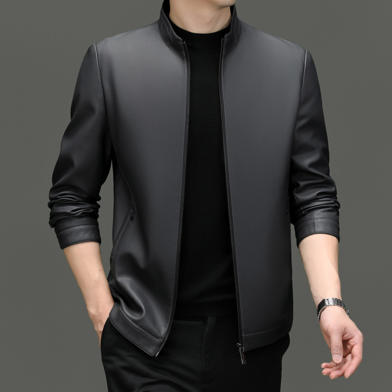 Monochrome Man- 2024 Early Spring New Haining American Fashion Stand Collar Middle-Aged Men's Trendy Leather Jacket Coat_voghion.com