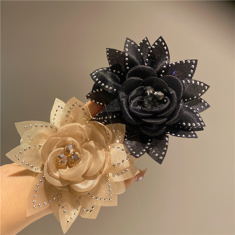 Estilo coreano flor grande elegante malla de diamantes de imitación rosa banda de pelo de intestino grueso banda de goma de lazo de pelo femenino no hace daño pelo cuerda bola cabeza