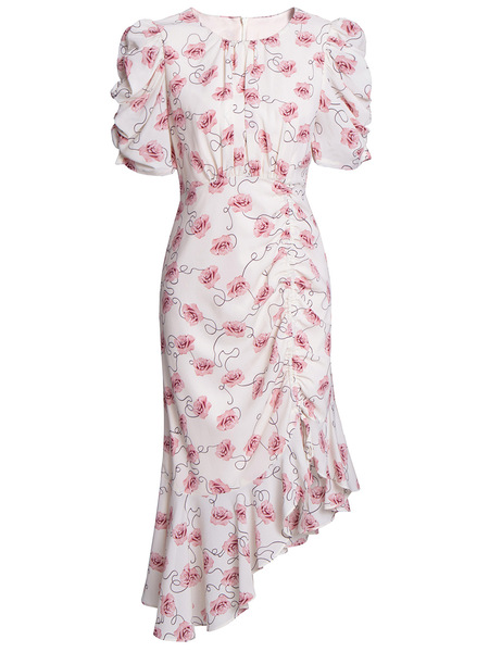 Bubble sleeve pleated waistband irregular floral wrap hip skirt 2024 summer