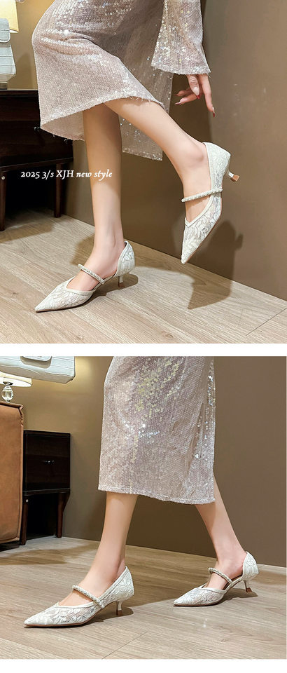 Giày cao gót mũi nhọn lưới nữ gót nhọn thấp quai ngang đính chuỗi ngọc trai — Màu mơ, Màu đen chi tiết 9