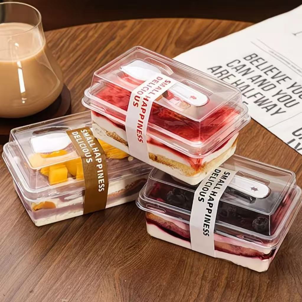 Heightened Mousse Cake Box, Disposable Transparent Cake Box with Spoon, Plastic Box for Baking Desserts and Snacks