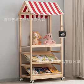 宝宝玩偶置物架过家家小卖铺推车汽车玩具展示架实木儿童收纳柜