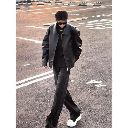 Black Collar Solid Leather Jacket for Men, American High Street Retro, Advanced Sense of Style, Cool and Daring, Spring and Autumn Motorcyclist Jacket