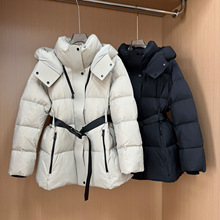 欧货收腰系带中长款连帽欧洲站羽绒服女2025新款显瘦户外滑雪高端