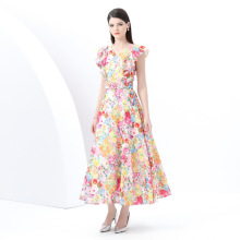 法式浪漫氛围感印花无袖连衣裙女荷叶边腰带显瘦设计气质仙女长裙