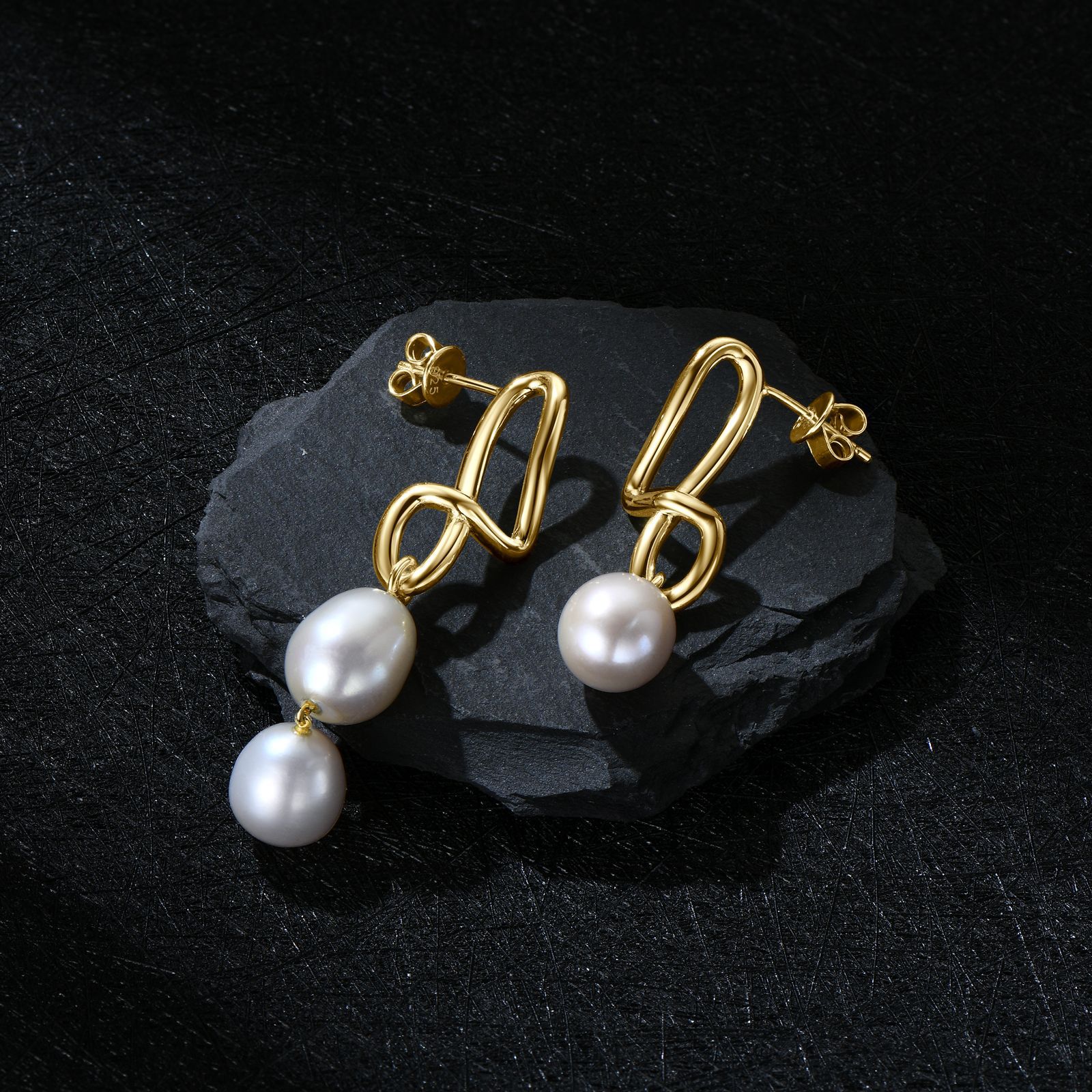 Elegant and Unique Ladies Pearl Earrings in Asymmetrical Design, 925 Sterling Silver Jewelry for Women