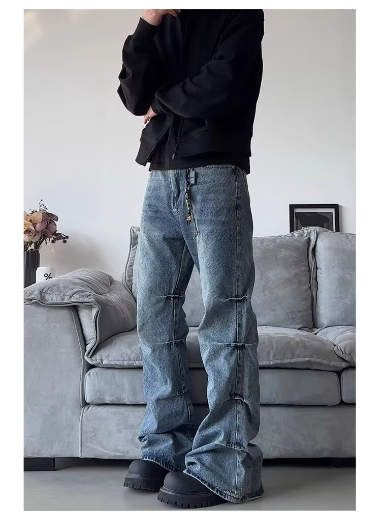 Men's Clothing high street side pleated design flared jeans loose distressed cleanfit wide leg trousers trend_voghion.com