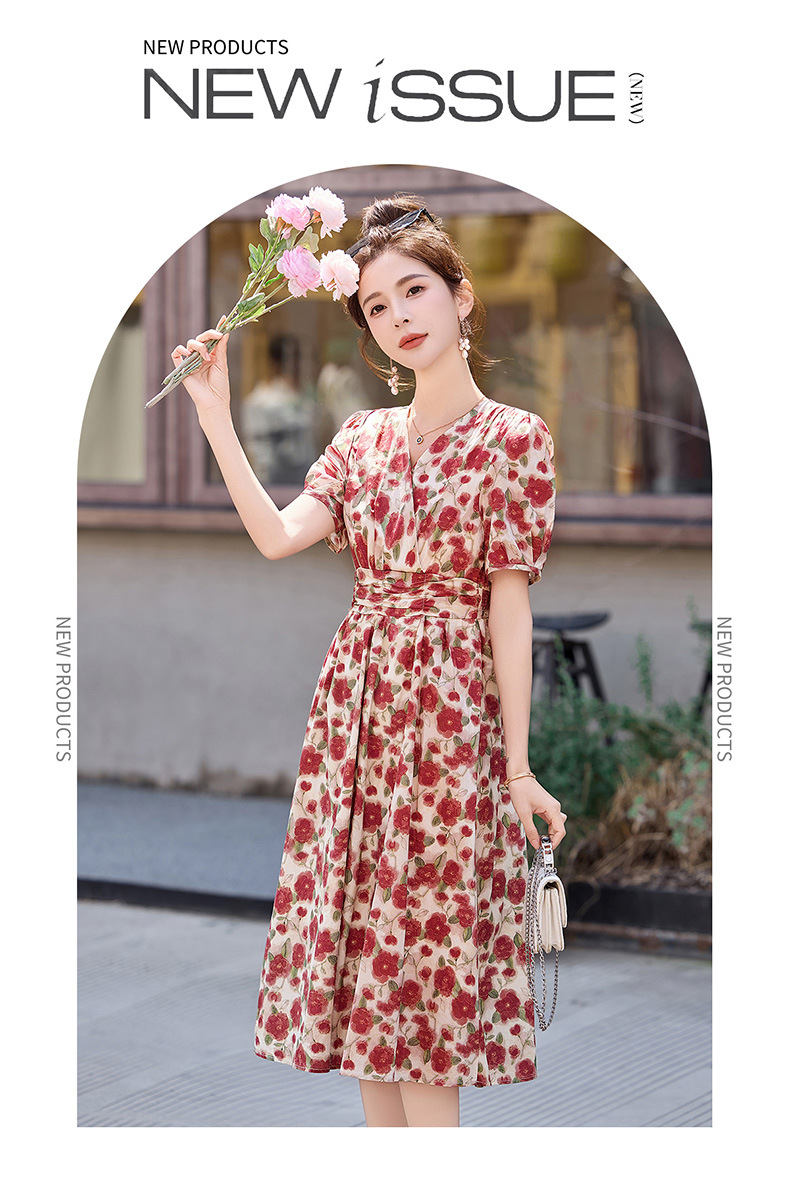 Đầm maxi nữ thắt eo cổ V in họa tiết thanh lịch — màu đỏ chi tiết 3