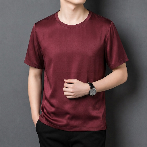 Áo thun nam tay ngắn lụa mulberry mỏng nhẹ form rộng cổ tròn — Da đen 8935 chi tiết 7