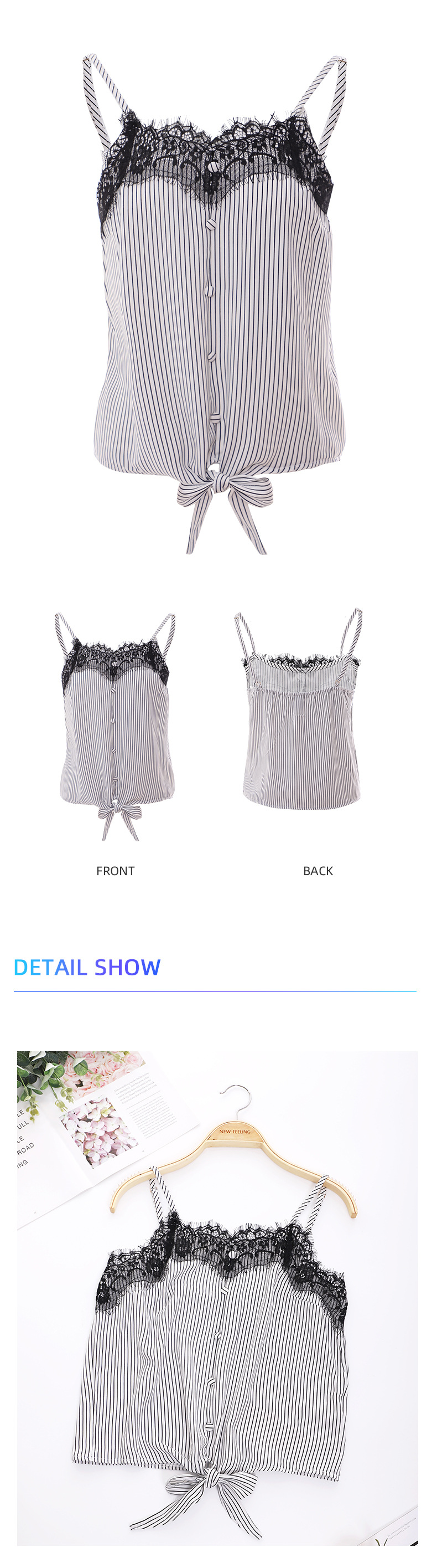 lace edge striped knotted backless camisole  NSNXG121100