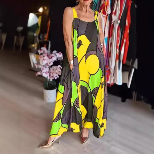 Summer European and American Women's Fashion Bestselling Casual Style Sleeveless Pocket Strappy Geometric Print Dress