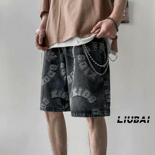 American letter print denim shorts for men, summer loose plus size 5-inch mid-rise streetwear trend brand big pants