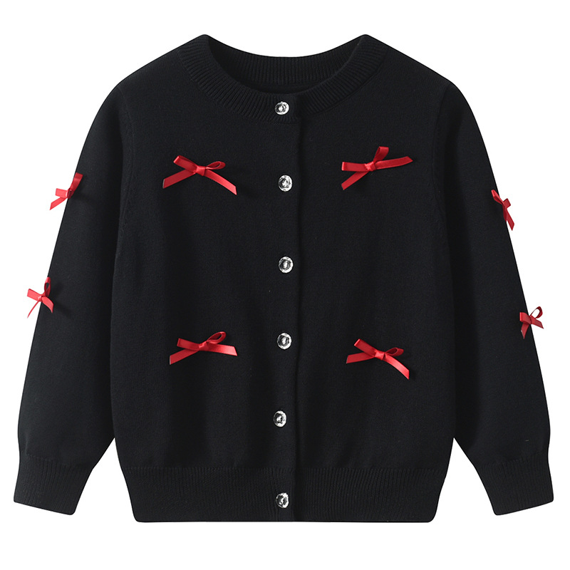 2025春秋蝶結びの女の子のセーターのカーディガンの子供服の純綿の洋風のニットの親子の中の大きい子供服