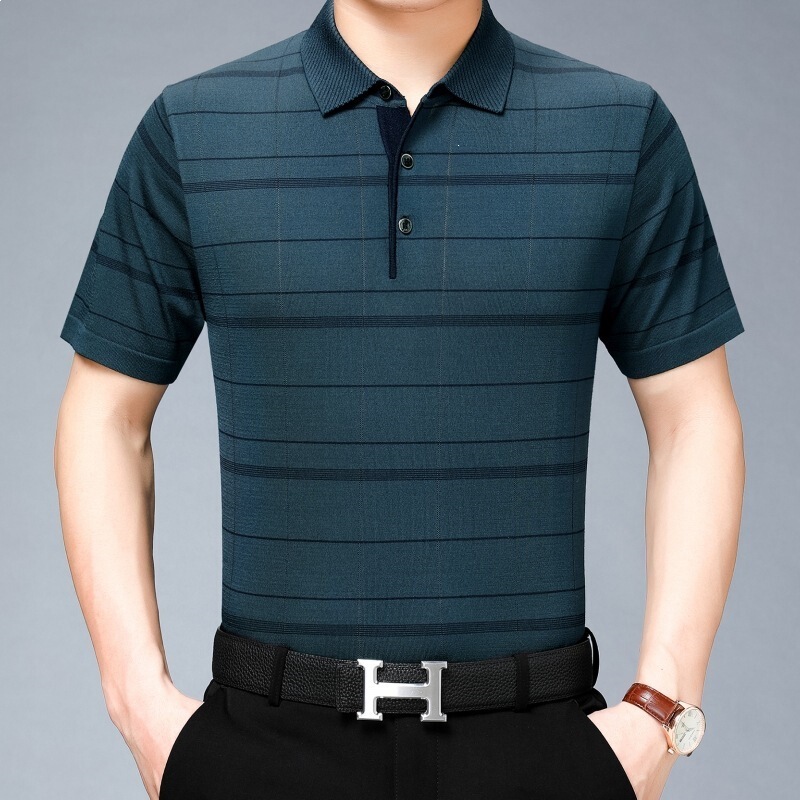 Summer High-End Business Casual Pullover Dad-Style Knitted Short-Sleeved T-Shirt for Men, Comfortable Thin T-Shirt
