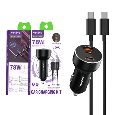Mai Mai T136 Car Charger PD QC One Drag Three Type-C Car Charger Flash Charge PD78W Fast Charge suit (Siqaret yandırıcısı) - suit-78w-three-in-one-car-fast-charging-set-dual-type-c-cable