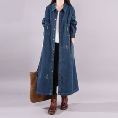 9839春の服の新型2021文芸の大きいサイズのカジュアルでゆったりしている長いタイプは古い白い純色のデニムのシャツのスカートをします。
