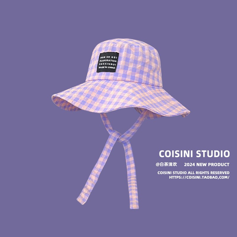 Designer inspired grid wide strap sun hat for women summer niche retro fisherman hat sunshade hat trendy