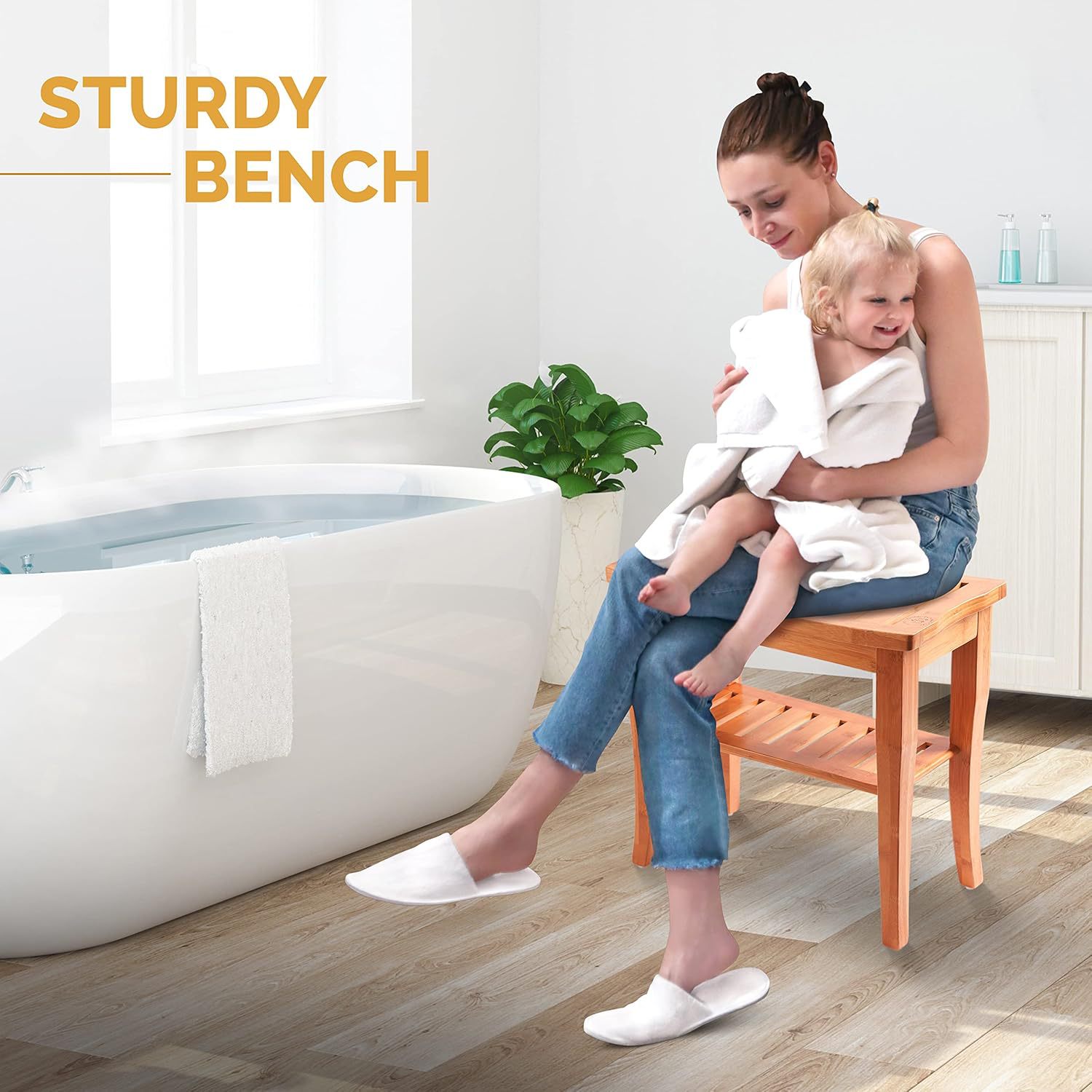 Bamboo shower stool small shower stool with storage rack non-slip…