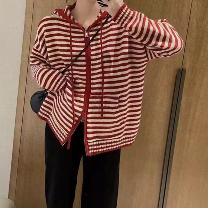 College-Style Striped Hooded Zip-Up Sweater Jacket for Women, Loose and Casual Knit Cardigan with Pockets, Long-Sleeve Sweatshirt for Outerwear College-Style Striped Hooded Zip-Up Sweater Jacket for Women, Loose and Casual Knit Cardigan with Pockets, Long-Sleeve Sweatshirt for Outerwear