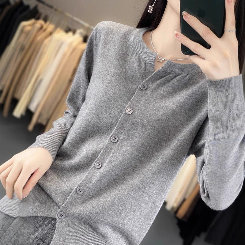 2025 New Knitted Cardigan Women's Short Jacket Thin Simple Versatile Loose Casual Round Neck Outer Top Long Sleeves