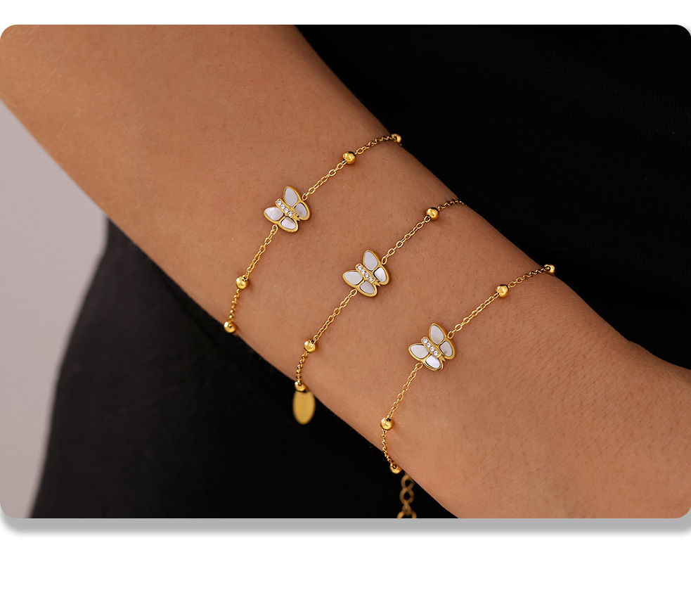 Natural Real Shell Butterfly Diamond 3A Zircon Small Bead Bracelet Titanium Steel Non Fading Bracelet_voghion.com