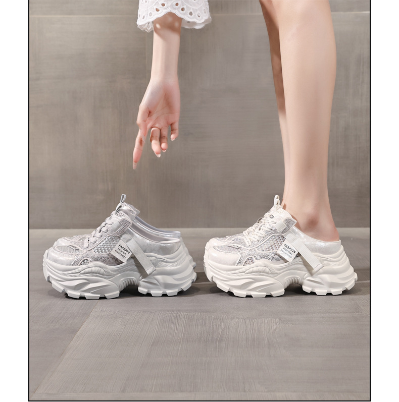 Giày sneaker nữ đế dày lưới thoáng khí mũi trùm đính đá phong cách giày bố — màu trắng ngà, bạc chi tiết 17