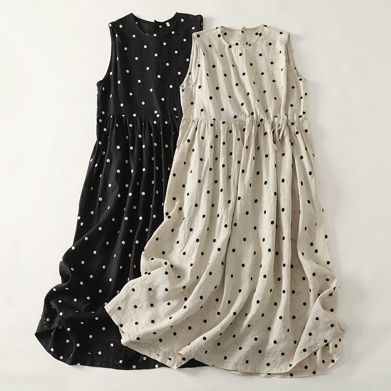 Настоящее фото готового хлопкового и льняного платья без рукавов с круглым вырезом в горошек в японском стиле, летнее свободное и универсальное платье-жилет в стиле ретро.