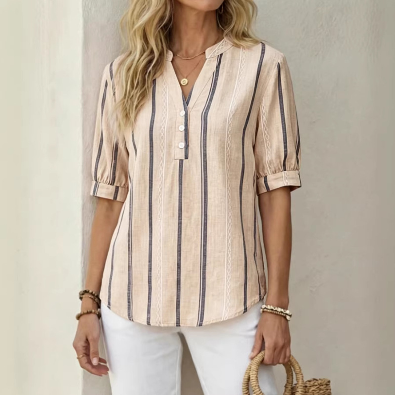 Tiktok Shein Cross-Border Exclusive Supply for European and American Plus-Size Women's Summer Workwear Short-Sleeved Bamboo Linen Printed T-Shirt for Women