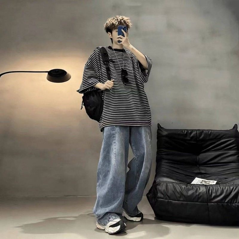 Three-Dimensional Cut Striped Shirt with Batwing Sleeves, Men's Summer Loose and Casual Style Short-Sleeve Shirt