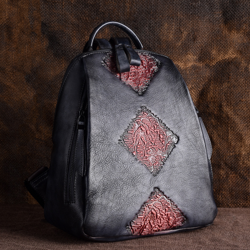 Mochila de mujer de cuero genuino curtido vegetal, multifuncional, de gran capacidad, con múltiples bolsillos, repujada, con tratamiento de color vintage, para exportación transfronteriza.