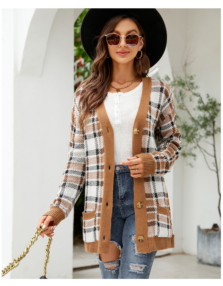 Damen Strickjacke Mit Diamantmuster Weiter Jacquard Cardigan_voghion.com
