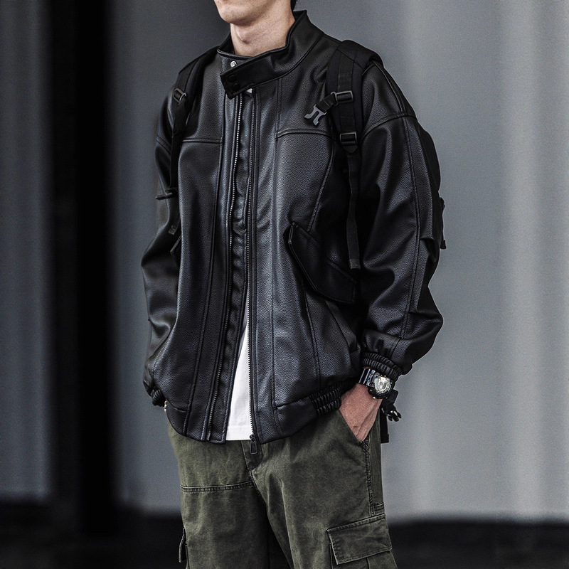 American Retro Solid Color Leather Jacket for Men, High-End Niche Trendy Street Biker Pilot Pu Leather Jacket