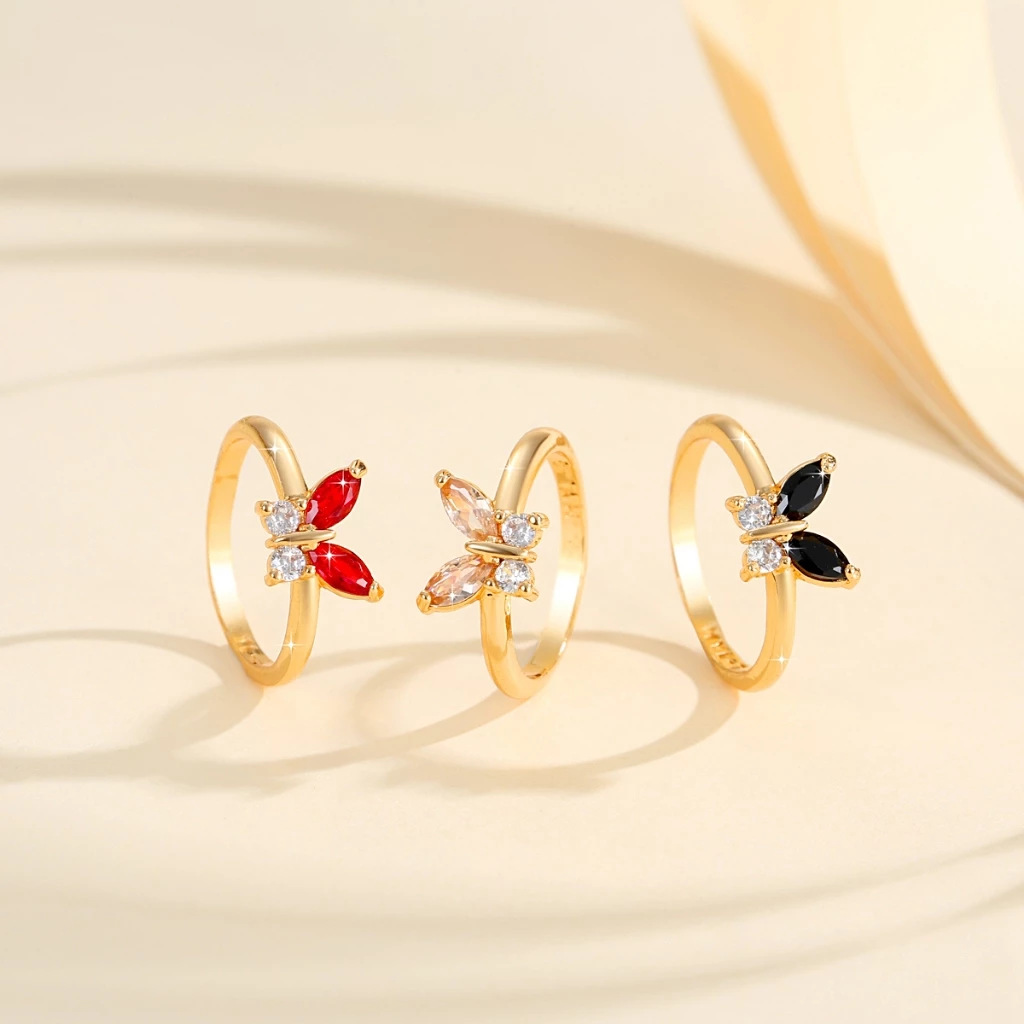 Cross-Border E-Commerce Butterfly Open Ring Women's Fashionable Elegant Stylish Simple Copper Gold-Plated Zircon Single Butterfly Index Finger Ring