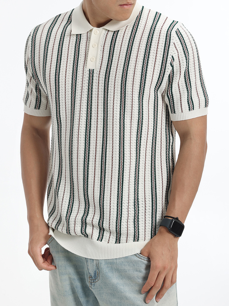 Hombres de alto nivel de negocios casuales hielo rayas polo camisa de verano agujerado de punto con solapa de manga corta chaqueta transpirable