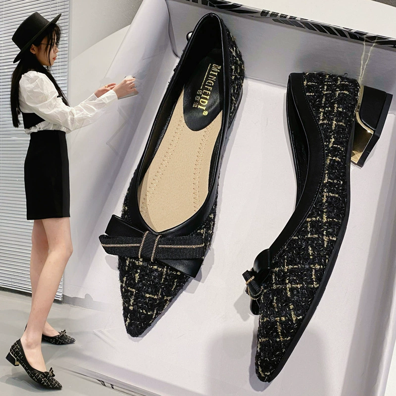 Остроносые туфли на толстом каблуке 2023 весенние корейские одиночные туфли с бантом Женская обувь в сказочном стиле больших размеров 40-43