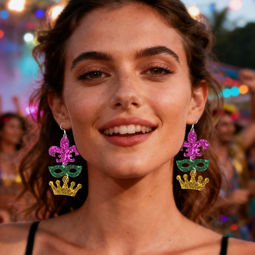 Carnaval de doble cara pendientes de sequillas máscara de oro roxo verde iris adornos de orejas pendientes de letras de Mardi Gras joyas