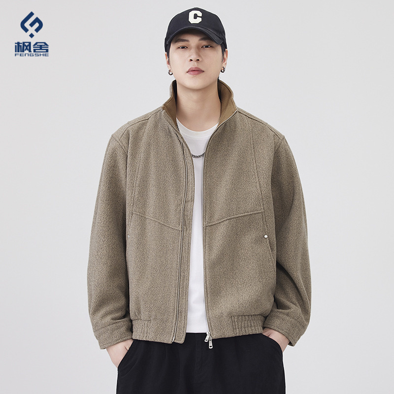 Maple House Men's Clothing / Light Mature Old Money Style Retro Textured Linen Wool Coat Men's New Loose Turn-Down Collar Jacket