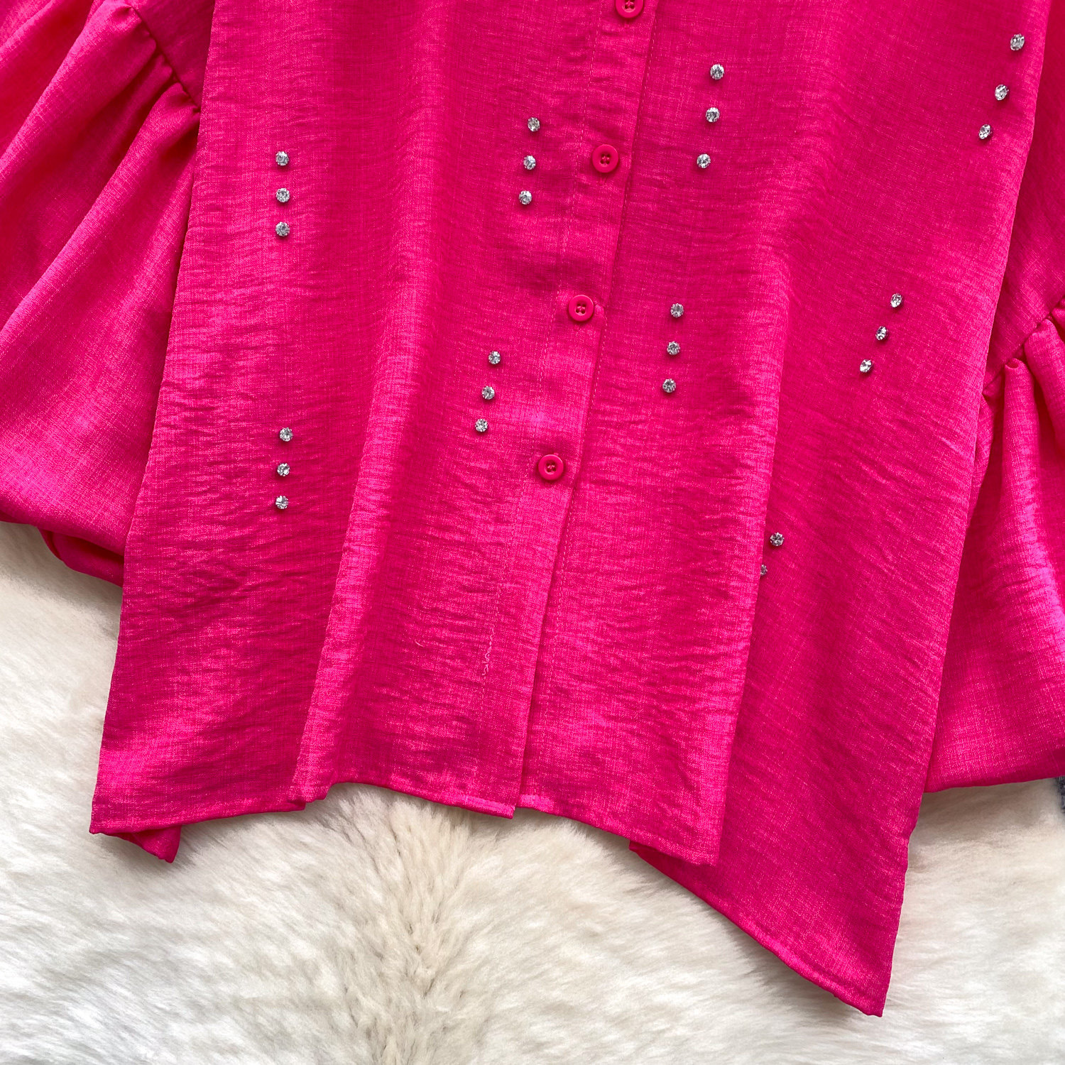 Women's French Style Rhinestone Blouse Summer Lantern Sleeve Cardigan Beaded Collar Loose Fit Versatile High End Top Heavy Duty_ecoleips.com