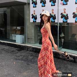 网纱+内里双层 气质格纹吊带裙女海边度假风红色收腰连衣裙包臀裙