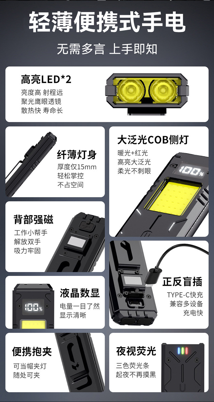 Multifunctional Mini Work Flashlight, Pocket Flashlight, Tactical Flashlight, Magnetic Clip, Portable Flashlight