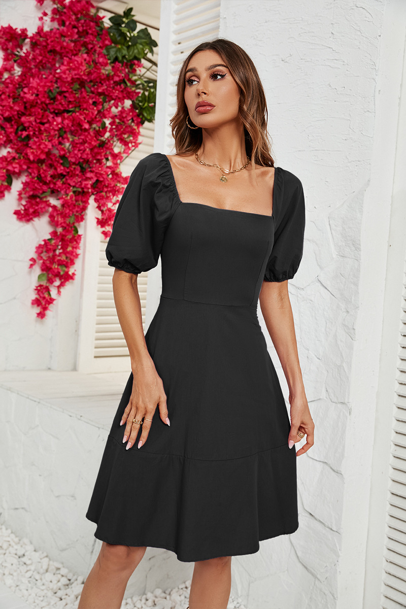 2023 Summer New Solid Square Neck Bubble Sleeve Dress for Women_voghion.com
