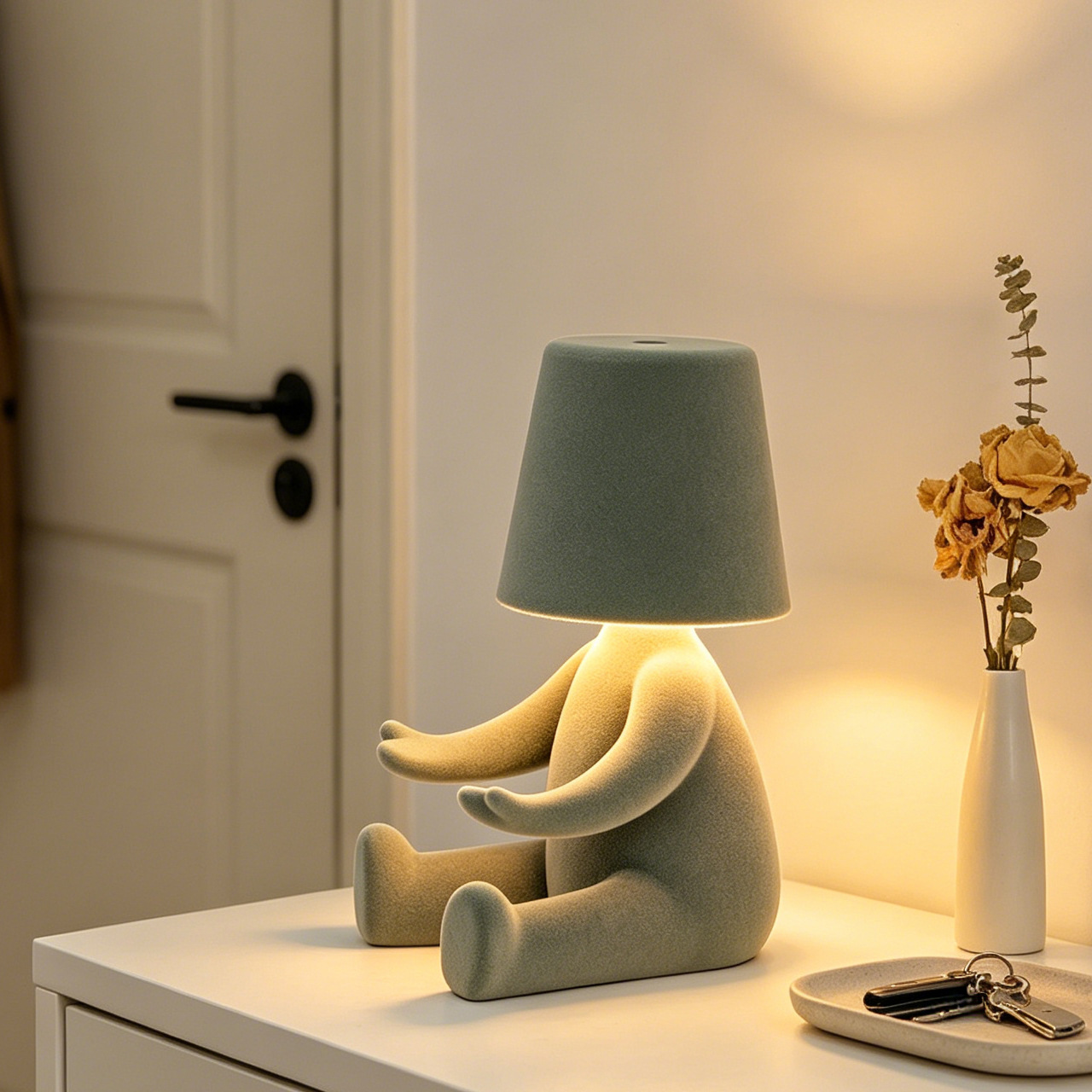 Cabecera de la cama con lámpara de consola de toque, tela de color, pequeño hombre de oro decoración dorada, estatuas de pensador, mesa LED image 31