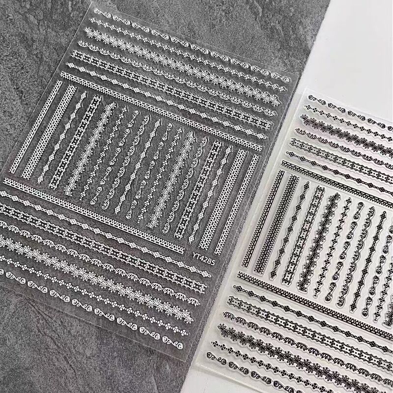 Fine Lace Black and White Small Flowers Exquisite Line Nail Art Stickers in Stock Plaid Embossed Adhesive-Backed Nail Decoration Stickers