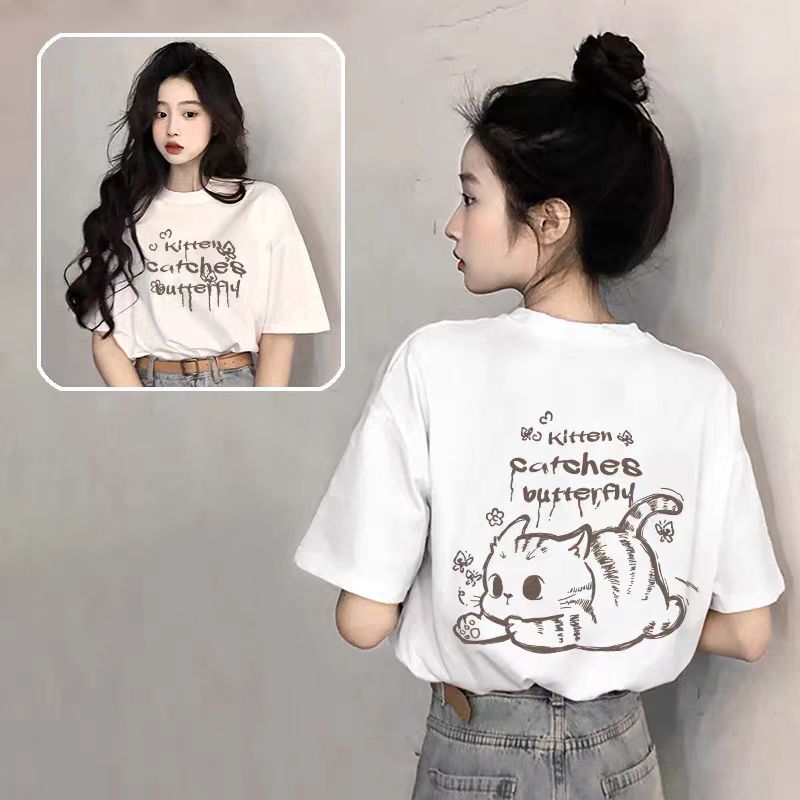 Pure Cotton Black Round Neck Short-Sleeved T-Shirt for Women 2025 New Popular Summer Design Butterfly Print Top T-Shirt Pure Cotton Black Round Neck Short-Sleeved T-Shirt for Women 2025 New Popular Summer Design Butterfly Print Top T-Shirt