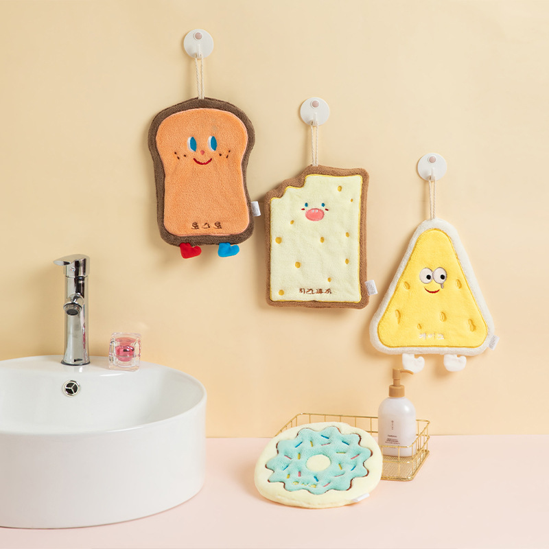 Estilo coreano toalla de mano de dibujos animados lindo colgando cocina toalla de mano trapo de secado rápido pañuelo de toalla de terciopelo de coral engrosado de tres capas