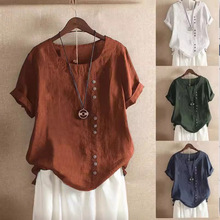 2023夏季复古纯色上衣 大码休闲宽松纽扣棉麻短袖套头圆领T恤女装